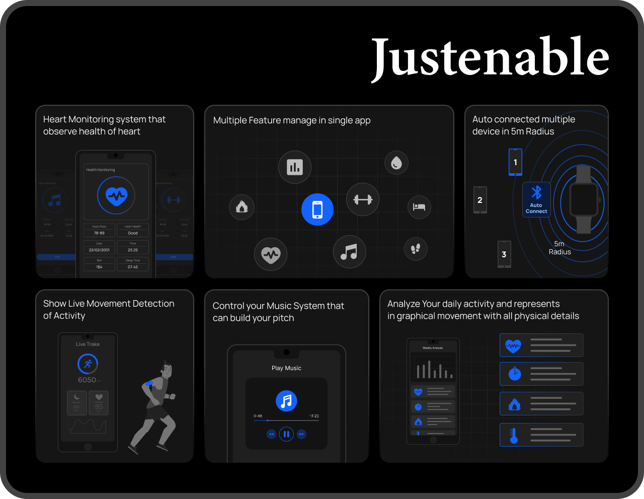 Wearable companion app — heart monitoring, auto-connect 5m radius, activity graphs, music control