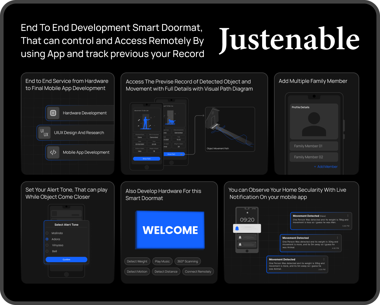 Smart Doormat companion app — visit history with visual path diagram, family members, alert tones, live notifications